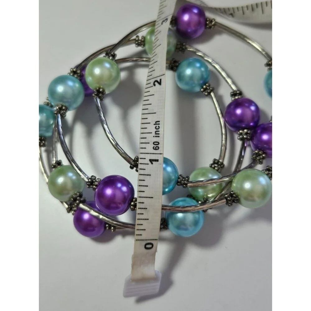 Pastel beaded wrap bracelet silver tone purple blue green